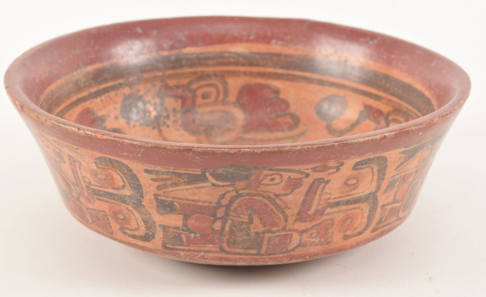 Pre-Columbian paint decorated earthenware bowl. Figures and geometric designs. Repaired crack on one (1 of 6)