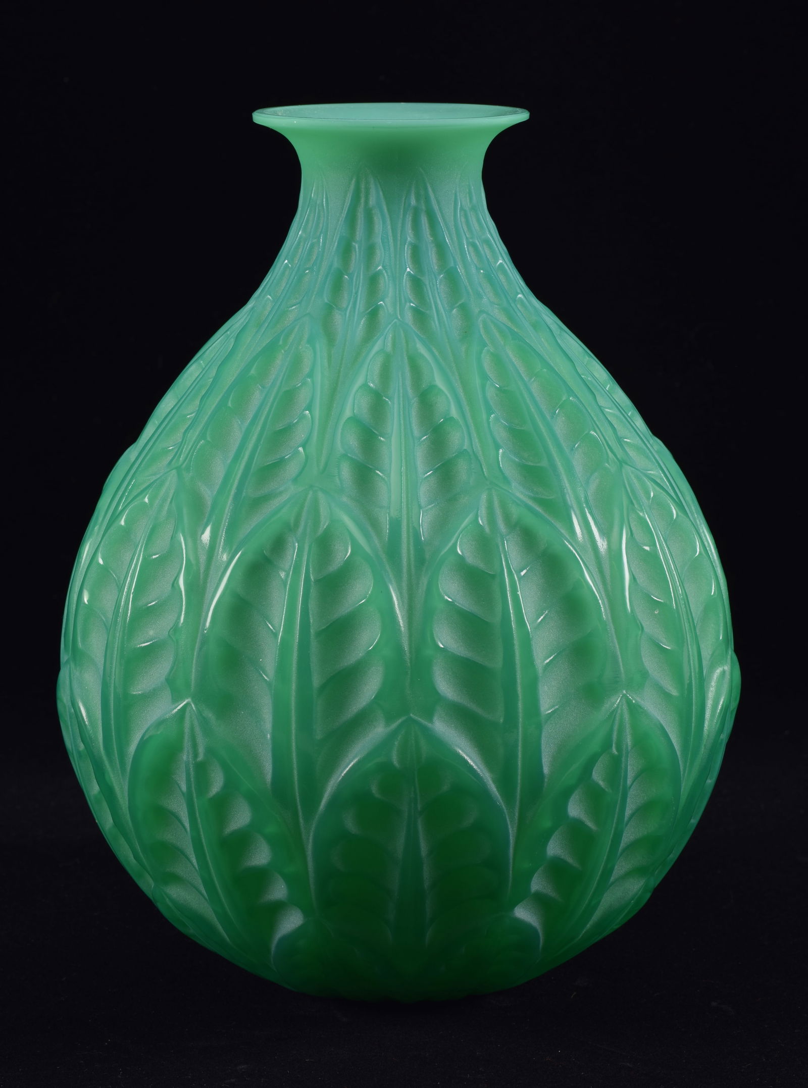 Rene Lalique "Malesherbes" jade green French art glass vase. Graduated leaf design. Marked "R. Laliq (1 of 5)