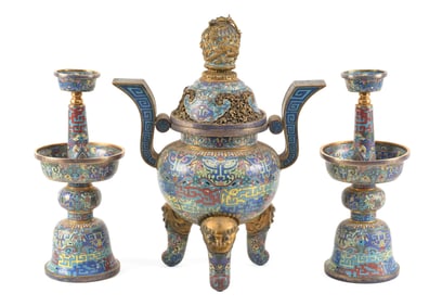 Cloisonne altar set. China. 19th century. Set of 3: censer, and pair of candle prickets. Decoration