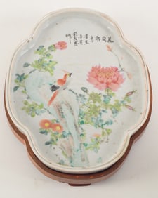 Porcelain tray. China. Ca. 1930. Famille rose decoration of birds and flowers. Quatrefoil shape.