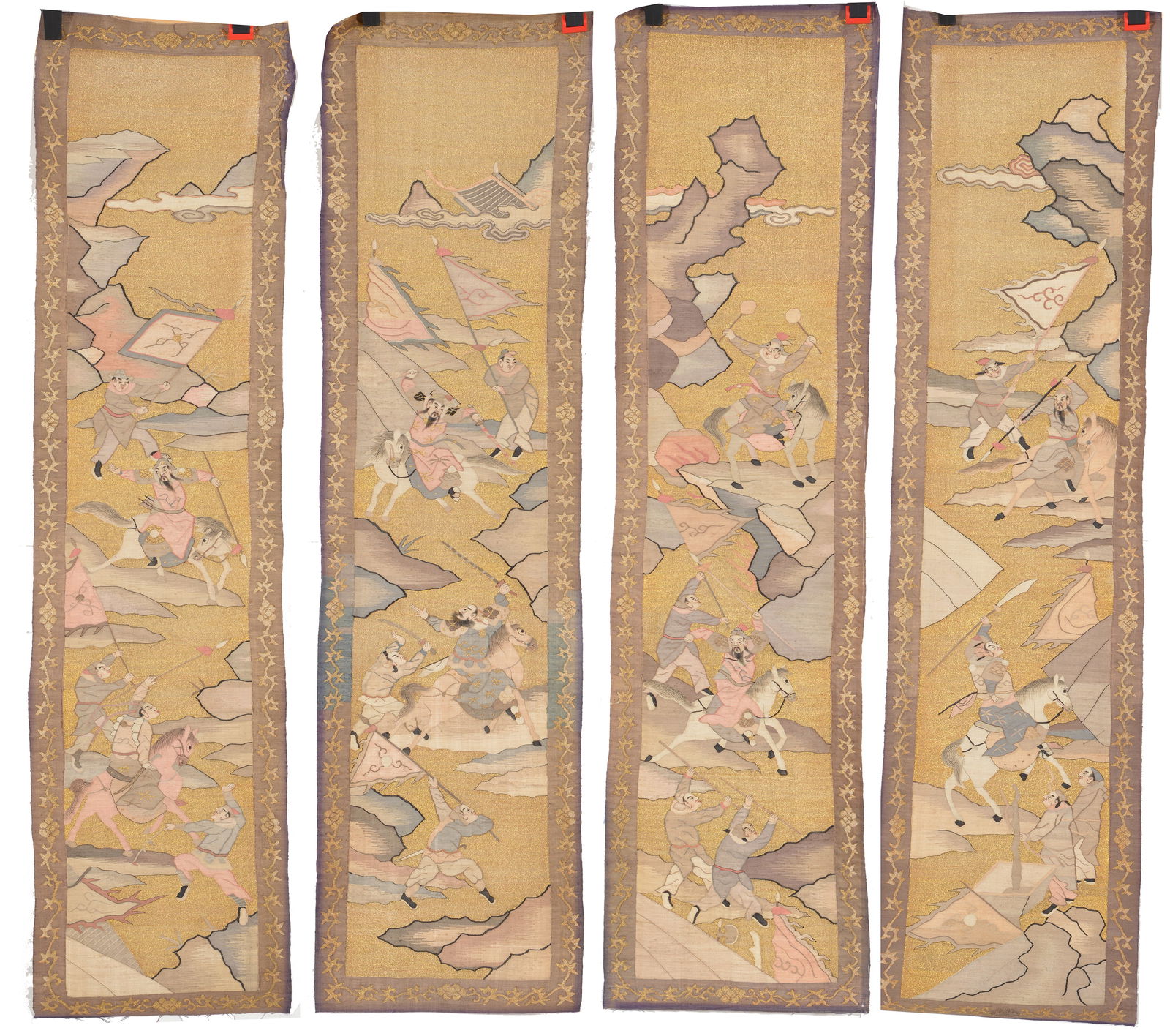4 tapestry weave panels. China. 19th/early 20th century. Kossu of historical scenes on gold ground. (1 of 5)