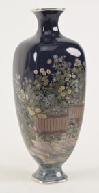 Cloisonne vase. Japan. Meiji period (1868-1912). Square form. Floral decoration on a midnight