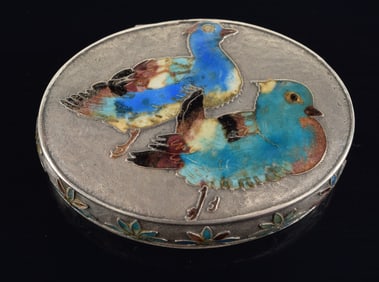 Silver box. Japan. Meiji period (1868-1912). Oval form. Arts and crafts style texturing with a