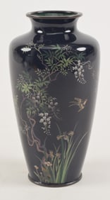 Cloisonne vase. Japan. Meiji period (1868-1912). Silver and gold wire work of birds and flowers.