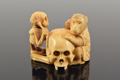 Netsuke. Japan. 19th century. Tadachika - Tokyo. Buddhist piece featuring skeleton and monkey. 5 x