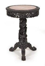 Occasional table. China. 19th century. Animal form feet. Rosewood carved with a squirrel and grape