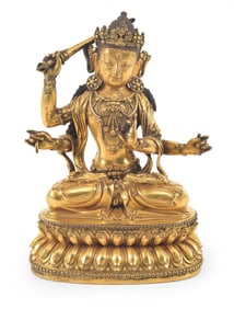 Gilt bronze figure of Manjushri Namasangiti. China. Yung Lo period (1402-1424). Loss to objects in