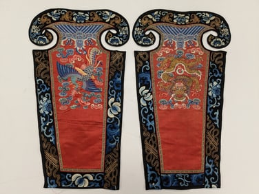 Pair of 18th/19th century Chinese dragon and phoenix decorated silk embroidered panels. Red ground,