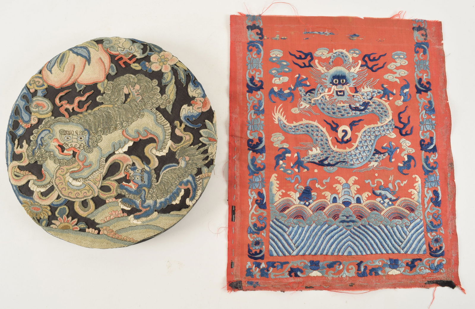 2 antique Chinese silk embroidered dragon rank badge and rondel. 1) Red ground dragon rank badge. (1 of 7)