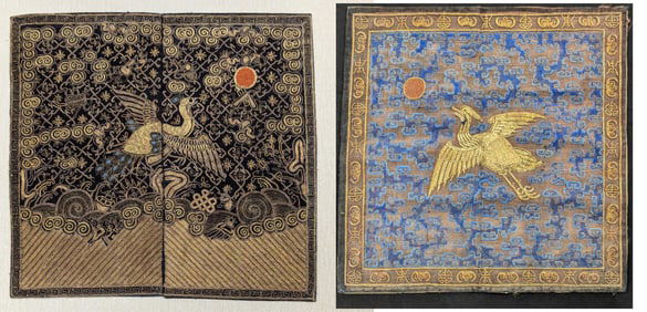 Pair of rank badges. China. 19th century. Summer gauze embroidery. 13 x 13in.