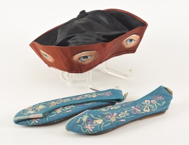 Lot of antique Chinese embroidery. Pair of blue slippers and Chinese style "Seeing Eye" pattern hat