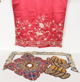 Lot of 11 Chinese silk embroidered pieces. A red ground wedding collar with gold ground border