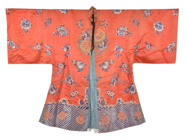 Woman's robe. China. 19th/early 20th century. Red ground embroidered with birds and butterflies with