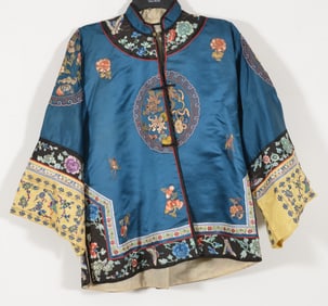 Woman's robe. China. Late 19th/early 20th century. Embroidered flowers on a teal ground.