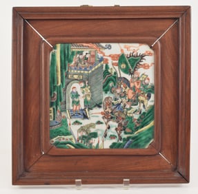 Porcelain plaque. China. 19th century. Famille verte historical scene. 14 x 14in.