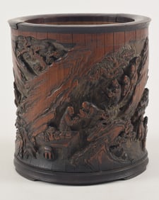 Bamboo brush pot. China. 18th century. Cylindrical form. Surface finely carved with the "Sages of