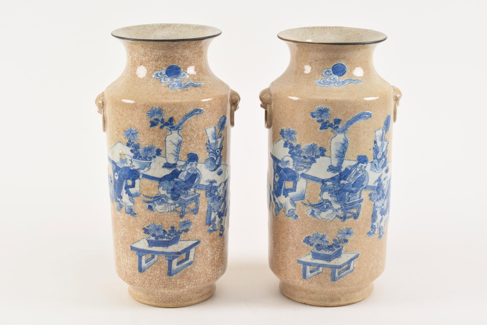 Pair of porcelain vases. China. 19th century. Rouleau form with a short neck and faux mask handles. (1 of 10)