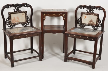 Pair of Chinese marble and inlaid side chairs with dream panel backs together with a side table,