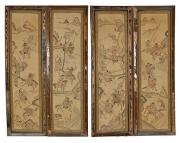 4 tapestry weave panels. China. 19th century. Historical scenes. Framed. 40 x 11in each.
