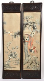 Pair of embroideries. China. Late 19th century. Birds and flowers, carved rosewood frame. 64 x