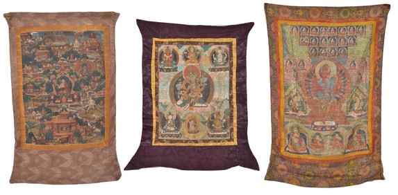3 buddhist icons. Tibet. First half of 20th century. Ink and colors. Brocade mounts. Thangkas of: