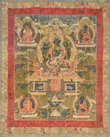 Buddhist icon. Tibet. 18th century. Thangka of ink, colors and gilt on heavy cloth. Green Tara with