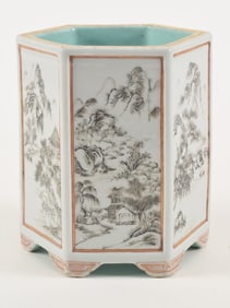 Porcelain brush holder. Chien Lung mark but 19th century. Hexagonal form. Sepia decoration of