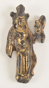 Gilt bronze buddha. China. Tang period (618-920). Probably Manjushri. 3.25in. Wear consistent with