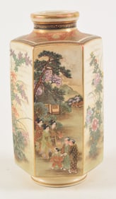 Pottery vase. Japan. Meiji period (1868-1912). Satsuma ware. Hexagonal form with figures and
