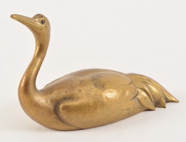 Japanese gilt bronze okimono of a sitting crane. Meiji period (1868-1912). Artist signature on base.