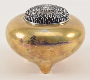 Mixed metal censer. Japan. Meiji period (1868-1912). Decoration of a landscape with Mount Fuji.