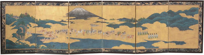 8 panel folding screen. Japan. 19th/early 20th century. Daimyo procession to Edo. Ink and colors on