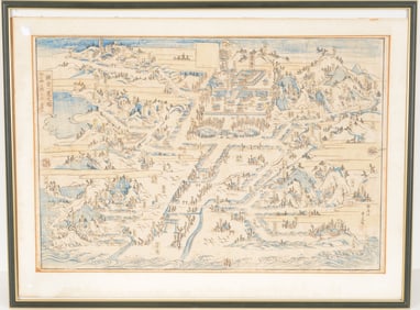 19th century Japanese woodblock bird's eye map of a temple complex, possibly Tokyo, and landscape.