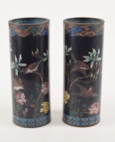 Pair of cloisonne vases. Japan. Meiji period (1868-1912). Cylindrical form. Decoration of sparrows
