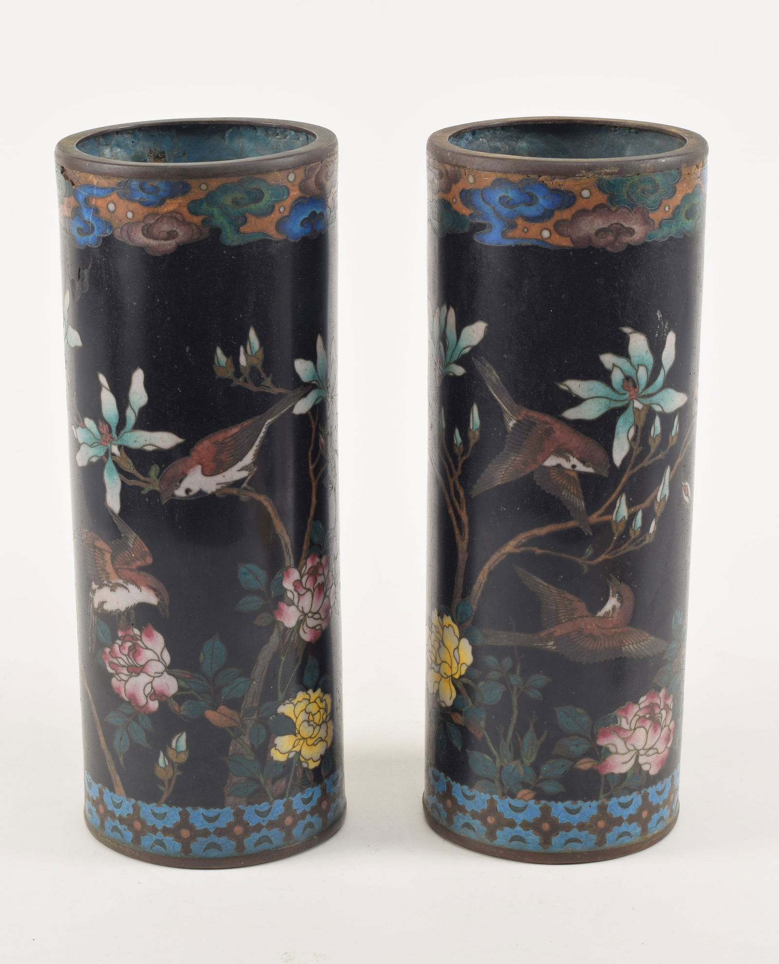 Pair of cloisonne vases. Japan. Meiji period (1868-1912). Cylindrical form. Decoration of sparrows (1 of 7)
