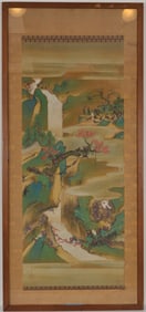 Hanging scroll. Japan. 19th century. Scene of an autumn waterfall with monkeys. 49 x 19in. Framed