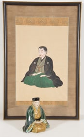 Japanese kutani figure and painting. Porcelain figure of a kneeling monk or scholar. 6in high.