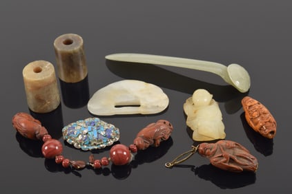 Lot of 10 items. To include: 5 jades, 3 carved fruit pits, and a kingfisher pin.