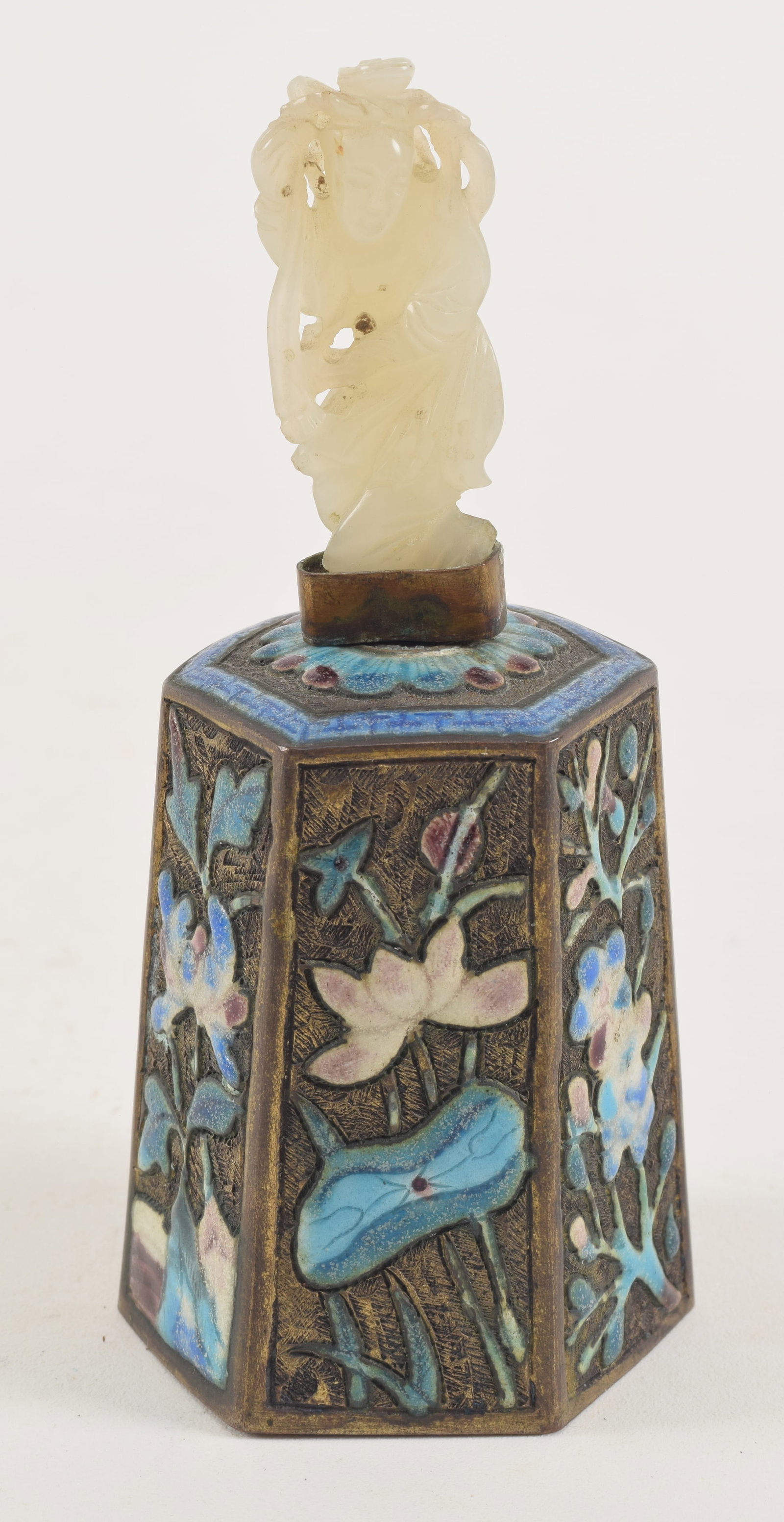 Enameled bell. China. Early 20th century. Jade finial in the form of a child. 5in high. (1 of 6)