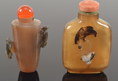 2 agate snuff bottles. One relief carved with crabs, the other shadow agate carved of a hawk.