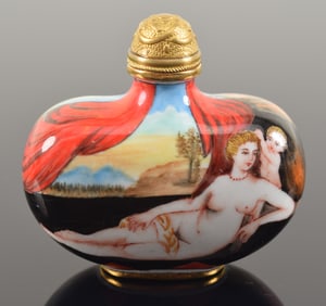 Enameled snuff bottle. China. 20th century. Scene of a European Venus and Cupid. Chien Lung mark. 2