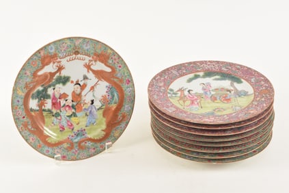 Porcelain plates. China. Early 20th century. Decoration of children playing. With borders of dragons