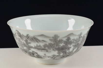 Porcelain bowl. China. 20th century. Sepia landscape. Yung Cheng mark. 6.75 x 6.25in.