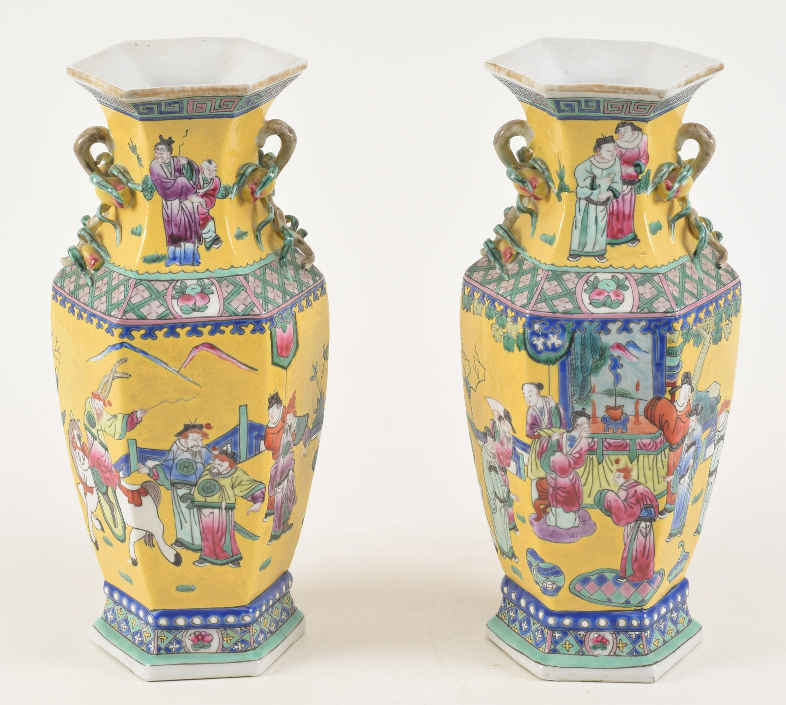 Pair of porcelain vases. China. 19th century. Hexagonal form with peach bough handles. Famille verte (1 of 8)