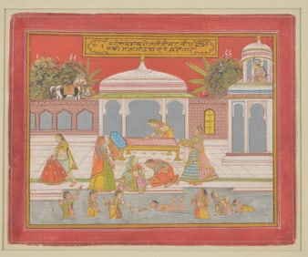 Illuminated manuscript. India. 17th century. Scene of women preparing for the arrival of a prince.