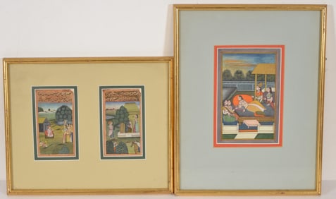 2 Indian miniature paintings. India. 19th century. Court scenes. Framed under glass.