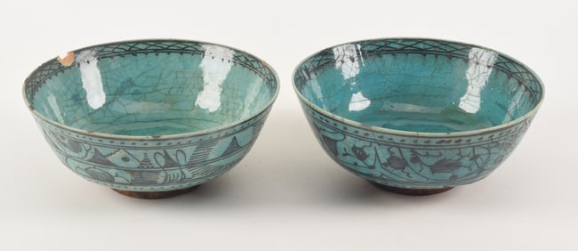 2 turquoise glazed Persian bowls. 19th century. 8 and 8.5in diameters.