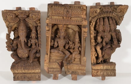 3 Carved architectural elements. India. 18th Century or earlier. The central panel measures 20 x 10.