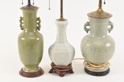 [3] Celadon vases. China. 19th century. Drilled and mounted as lamps. Largest vase 13.5in.