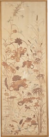 Large embroidery panel. China. 19th Century. Birds and aquatic plants. Gold thread on a white silk